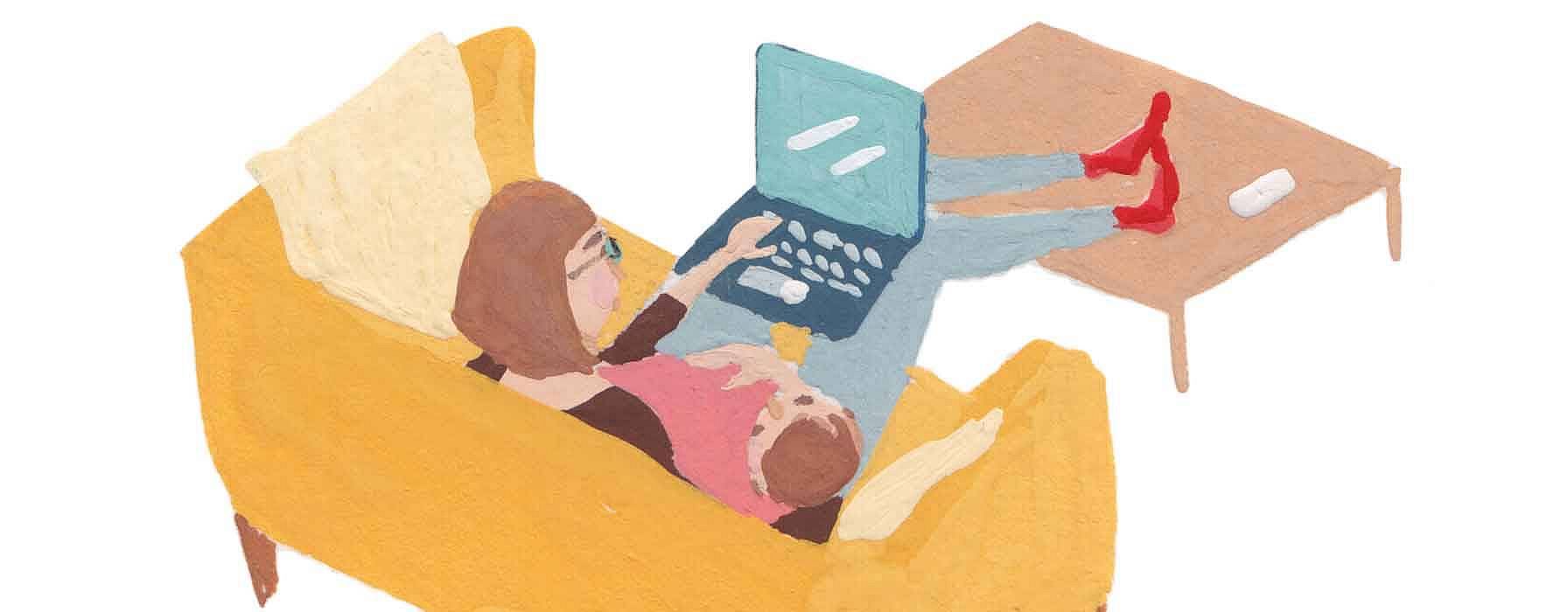 illustration mom in couch with baby and laptop