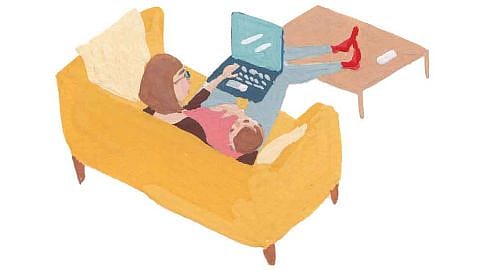 illustration mom in couch with baby and laptop