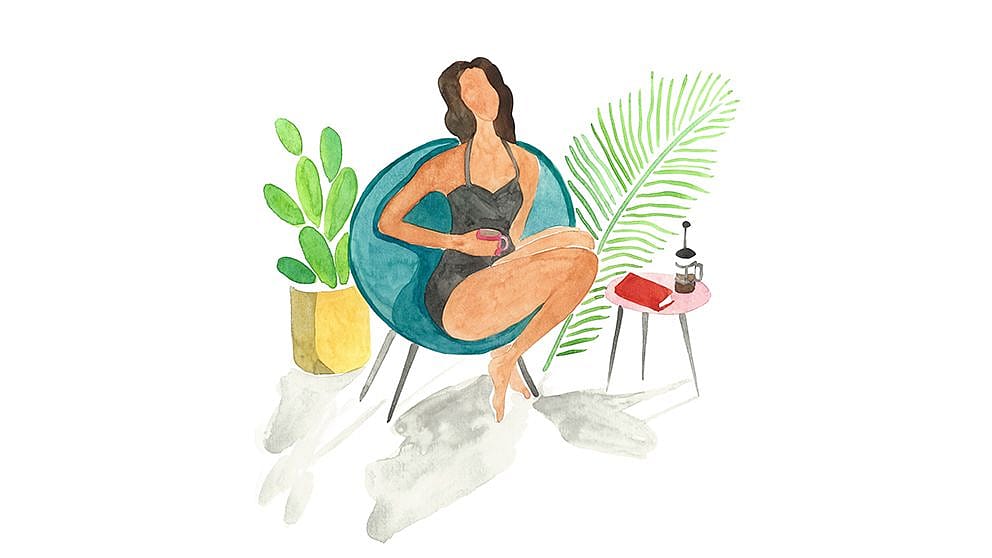 Ilustrated woman drinking coffe in bikini