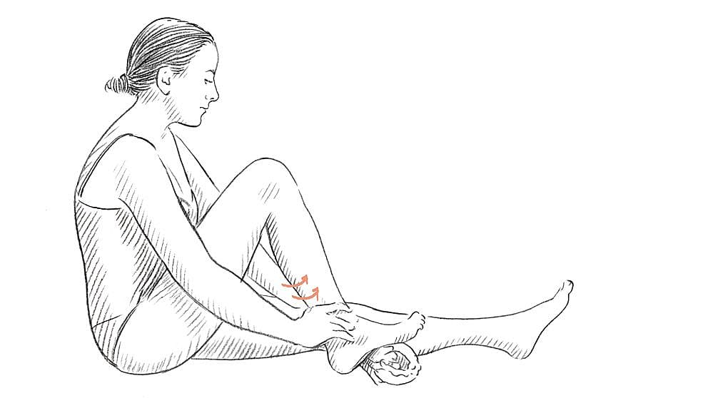 Rub both thumbs across the Achilles tendon from the middle outwards.